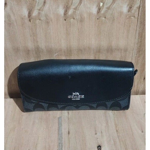 AUTH COACH MONOGRAM FLAP LONG LEATHER & PVC WALLET BLACK - Picture 1 of 10